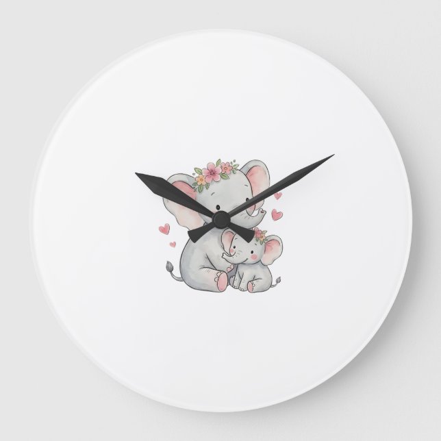 Grande Horloge Ronde Élément floral Mère et bébé éléphant Illustration  (Recto)