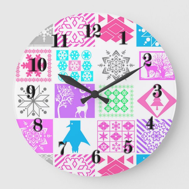 Grande Horloge Ronde Eléments de Noël sans couture flocon géométrique (Recto)