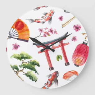 Grande Horloge Ronde Éléments japonais Aquarelle texture transparente