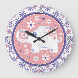 Grande Horloge Ronde Eléphant blanc rose violet Floral Personnalisé