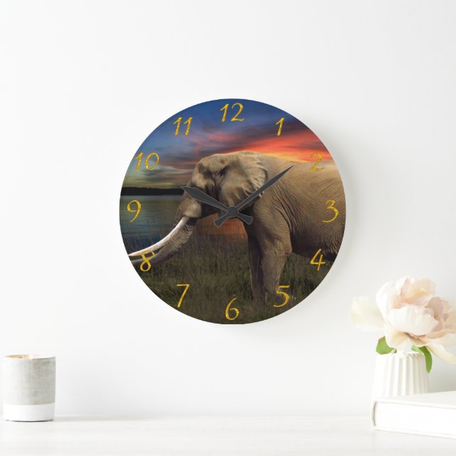 Grande Horloge Ronde Eléphant dans les plaines animales de la savane (Maison)