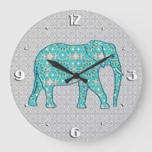 Grande Horloge Ronde Éléphant de fleur de mandala - turquoise, gris e