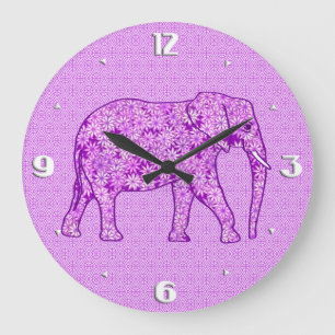 Grande Horloge Ronde Éléphant de fleur - pourpre d'améthyste