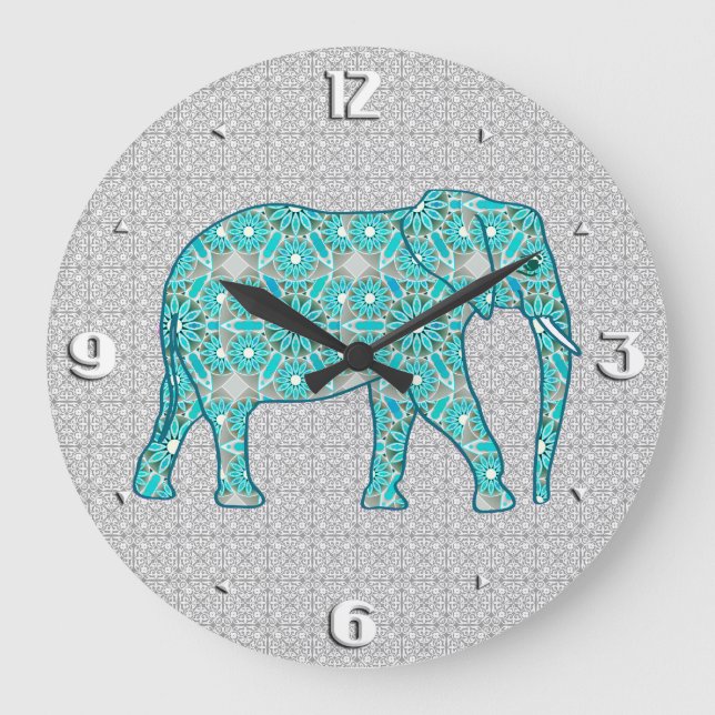 Grande Horloge Ronde Eléphant fleur Mandala - turquoise, gris & blanc (Recto)