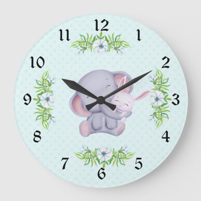 Grande Horloge Ronde Eléphant Gris Cute Et Lapin Blanc (Recto)