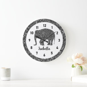 Grande Horloge Ronde Eléphant gris pâle Nom personnalisé