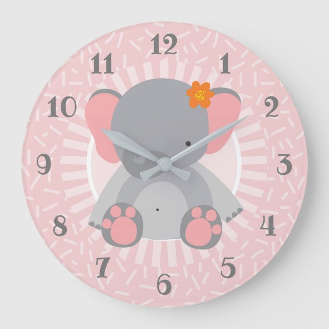 Grande Horloge Ronde Eléphant mignon Filles Rose Salle Bébé Nursery (Recto)
