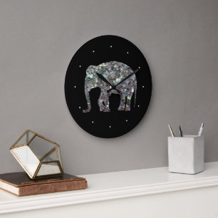 Grande Horloge Ronde Éléphant pailleté en mosaïque argentée scintillant
