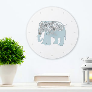 Grande Horloge Ronde Éléphant Paisley Bleu Bohème Chic