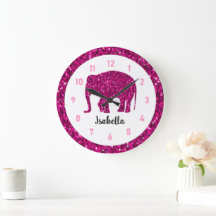 Grande Horloge Ronde Eléphant rose brillant Nom personnalisé