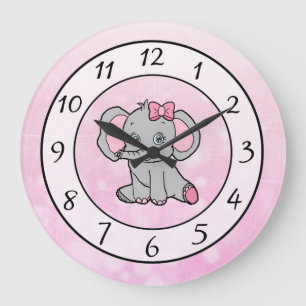 Grande Horloge Ronde Eléphant rose mignon enfant ou bébé pépinière