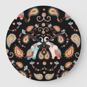 Grande Horloge Ronde Eléphant tribal : Motif aquarelle Paisley.