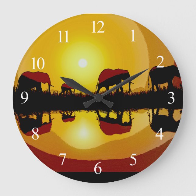 Grande Horloge Ronde Eléphants africains couchés de soleil (Recto)