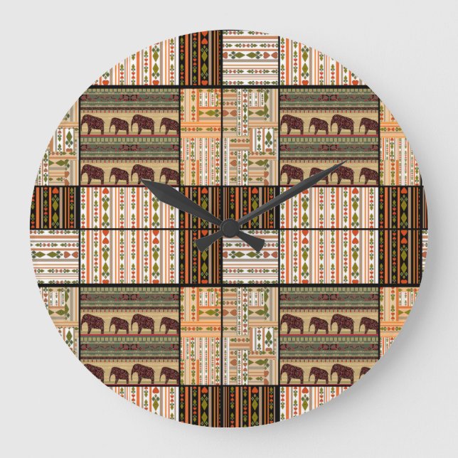 Grande Horloge Ronde Eléphants de Patchwork : Texture ornementale (Recto)