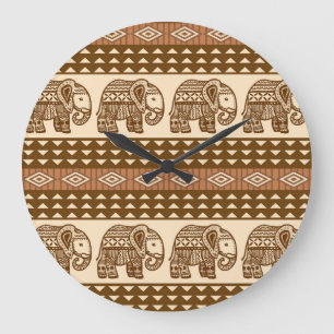 Grande Horloge Ronde Eléphants ethniques Motif Vintage géométrique