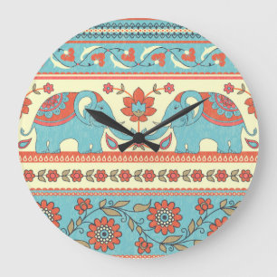 Grande Horloge Ronde Eléphants, fleurs, motif ethnique rayé