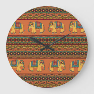 Grande Horloge Ronde Eléphants Indiens, Orange Traditionnel Sans Seamle