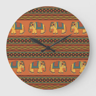 Grande Horloge Ronde Eléphants Indiens, Orange Traditionnel Sans Seamle