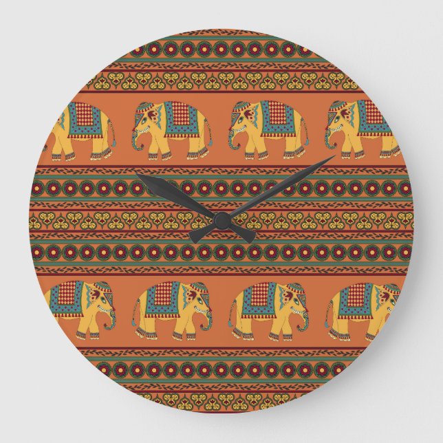 Grande Horloge Ronde Eléphants Indiens, Orange Traditionnel Sans Seamle (Recto)