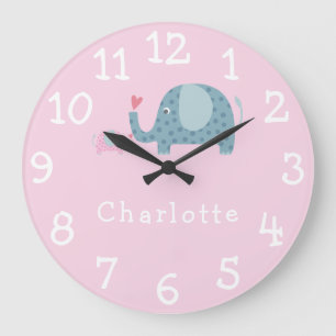 Grande Horloge Ronde Eléphants Polka Dot Personalisé Nursery