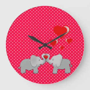 Grande Horloge Ronde Eléphants romantiques et Coeurs rouges sur Pois