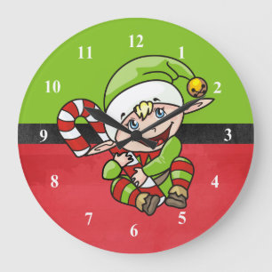 Grande Horloge Ronde Elfe mignonne avec canne de Noël Joyeux Noël