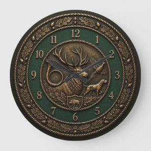 Grande Horloge Ronde Emblème de pavillon de chasse vert chasseur et bro