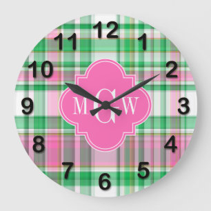 Grande Horloge Ronde Emerald Green Hot Pink Wht Preppy Madras