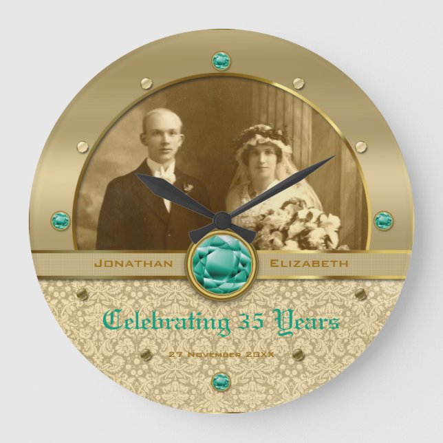 Grande Horloge Ronde Emerald Wedding Anniversary Green Gem Damask Photo (Recto)