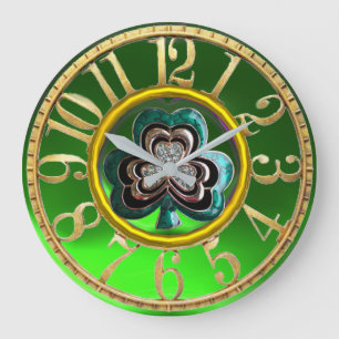 Grande Horloge Ronde Émeraude verte or Shamrock Joyau jour de la Saint-