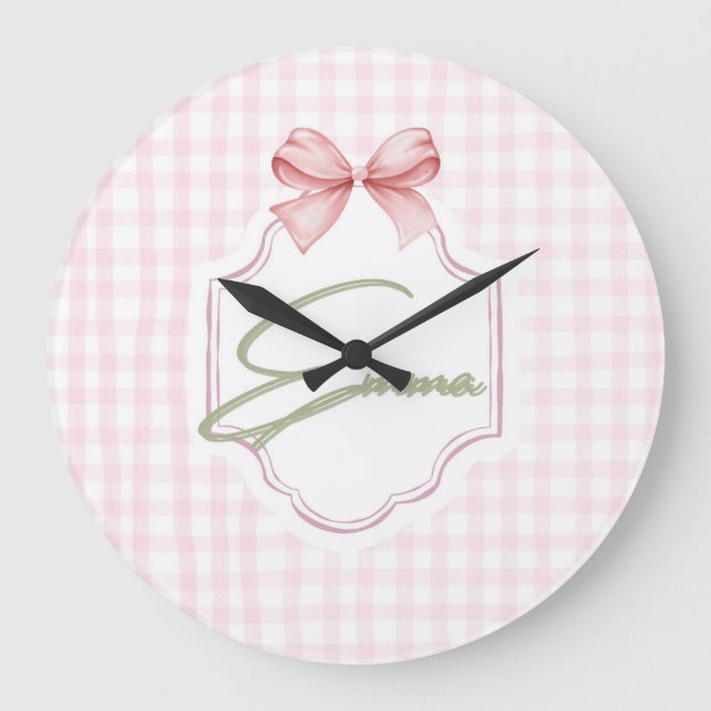 Grande Horloge Ronde Emma Personnalisé Pink Bow & En vichy Print (Recto)