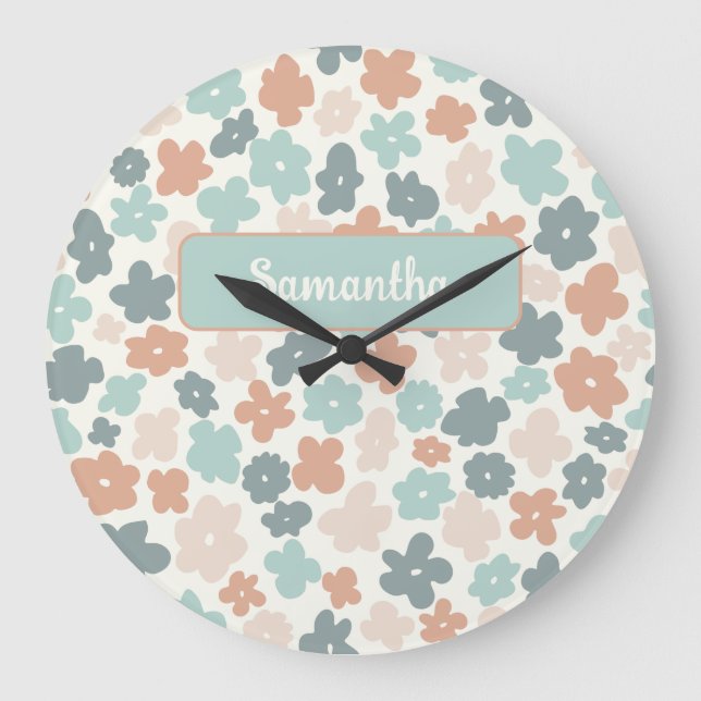 Grande Horloge Ronde Empreinte de fleurs pastel retro Boho (Recto)