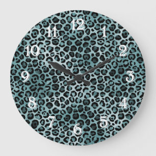 Grande Horloge Ronde Empreinte de léopard Aqua turquoise