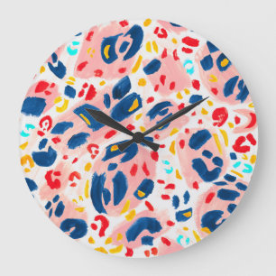 Grande Horloge Ronde Empreinte de léopard : aquarelle peinte à la main.