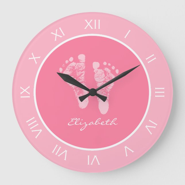 Grande Horloge Ronde Empreintes De Pépinière Rose Cute Avec Nom De Fill (Recto)