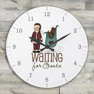 Grande Horloge Ronde En attente de Père Noël - Sleigh et Père Noël