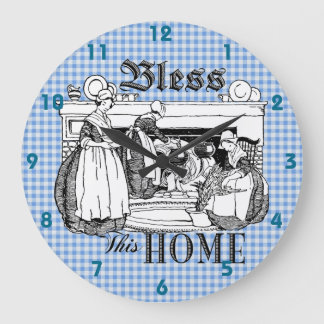 Grande Horloge Ronde en vichy vérifier bleu et blanc Bless This Home ho