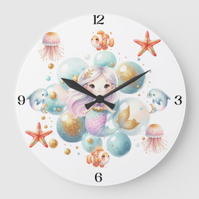 Grande Horloge Ronde Enchanter Mermaid Princess avec des amis marins (Recto)