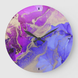 Grande Horloge Ronde Encre violette Abstraite d'or céleste