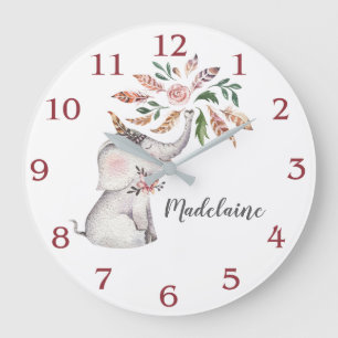 Grande Horloge Ronde Enfant de la petite fille Boho rose Grey Eléphant