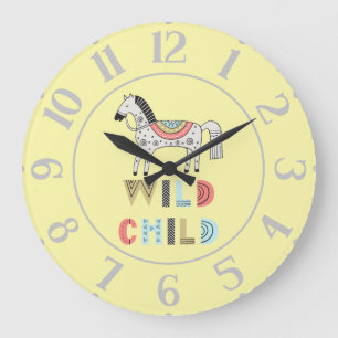 Grande Horloge Ronde Enfant Sauvage Cheval Scandinave Jaune Pastel