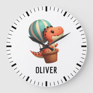 Grande Horloge Ronde Enfants Dinosaure Mignon Volant dans une Montgolfi