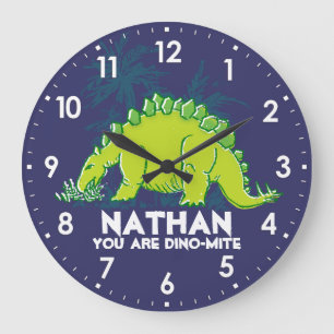 Grande Horloge Ronde Enfants dinosaure Stegosaurus bleu vert nom horlog