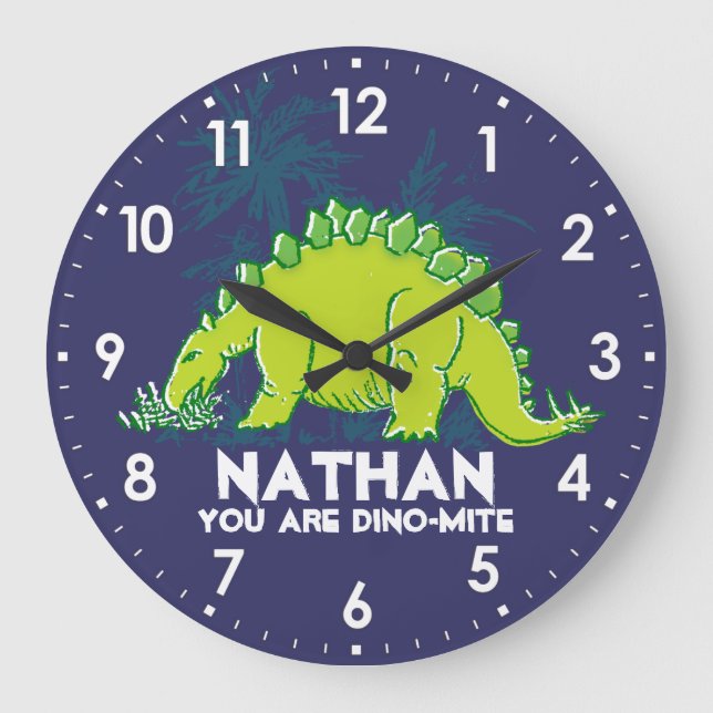 Grande Horloge Ronde Enfants dinosaure Stegosaurus bleu vert nom horlog (Recto)