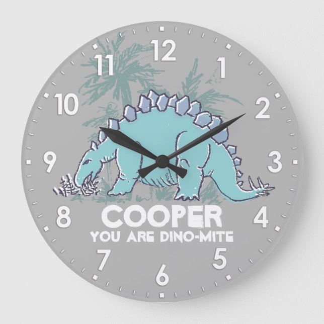 Grande Horloge Ronde Enfants dinosaure Stegosaurus gris bleu nom horlog (Recto)