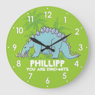 Grande Horloge Ronde Enfants dinosaure Stegosaurus vert nom bleu horlog
