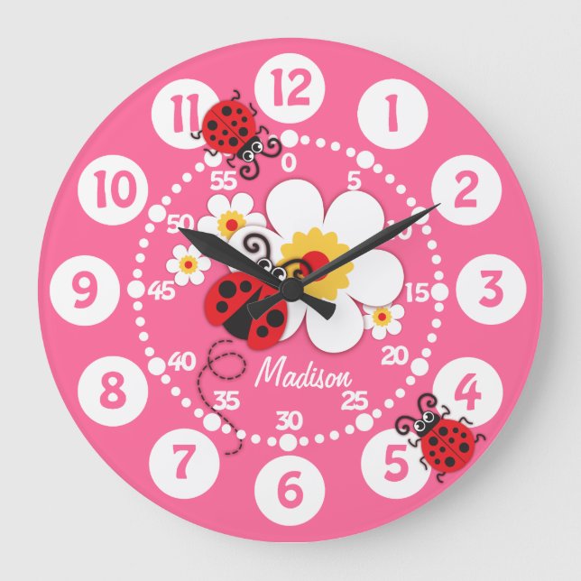 Grande Horloge Ronde Enfants ladybug & fleurs mignonnes filles roses ho (Recto)