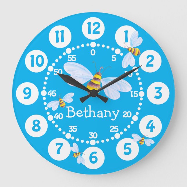 Grande Horloge Ronde Enfants mignonnes bourdons abeilles blanc bleu mur (Recto)