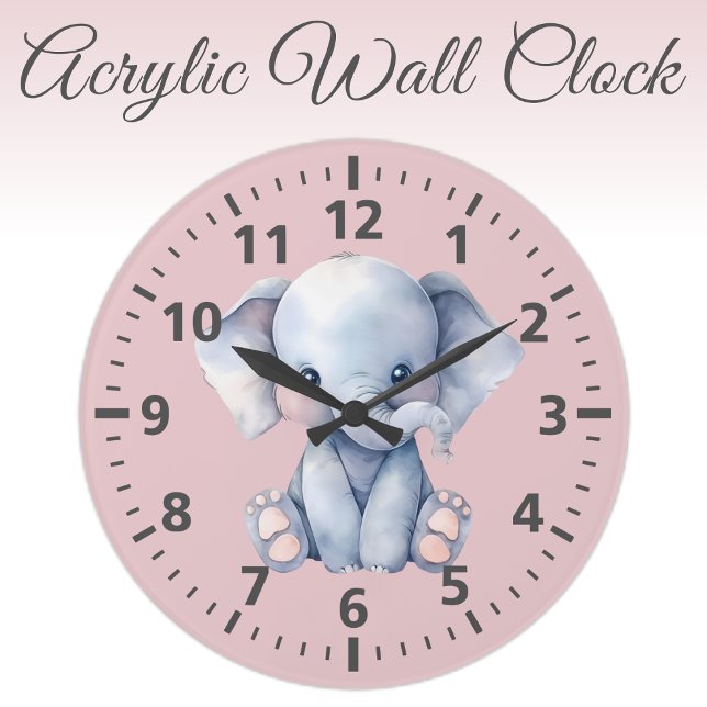 Grande Horloge Ronde Enfants mignonnes éléphant rose gris (Créateur téléchargé)