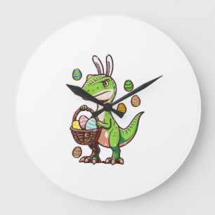 Grande Horloge Ronde Enfants Pâques Dinosaure Trex Œuf Chasse Garçons E